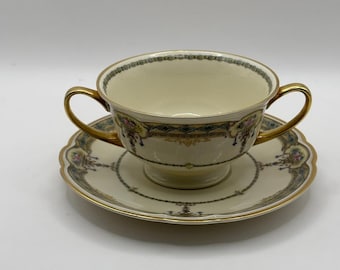Vtg Black Knight Selb Bavaria Cream Soup Bowl and Saucer Set Floral Gold Gilt 30