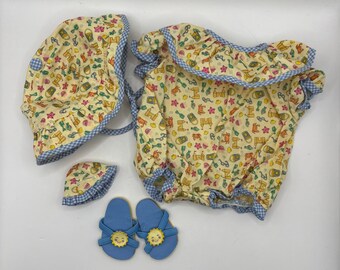 American Girl Bitty Baby Beach Sandcastle Sunsuit Outfit Bear Hat Sandals Vtg