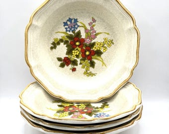 4 Mikasa EC403 Soup Bowls Garden Club Basket Of Wildflowers Japan VTG 1970's