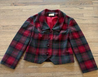 Vintage Pendleton Red Plaid Wool Blazer Jacket Womens 8 Cropped 4-Button Front