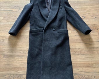 Christian Dior Vintage Wool Coat Charcoal Grey Shawl Collar Longline Size 6 USA