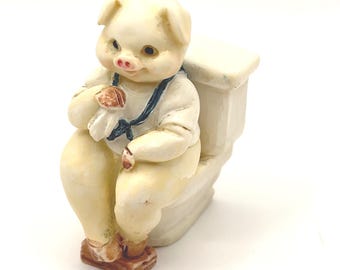Vintage 1991 J.C. Anthropomorphic Pig on Toilet Figurine Resin Bathroom Decor