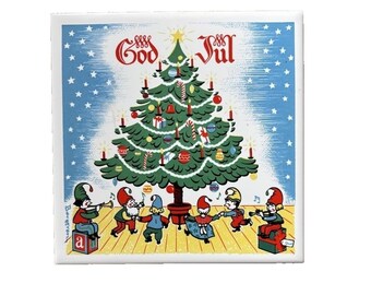 Vintage Berggren Swedish Tile Trivet 'God Jul' Christmas Tree 1965 Folk Art