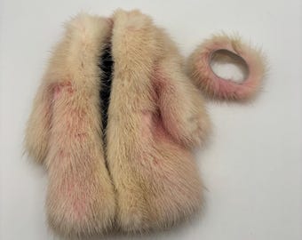 Vintage Miniature Pink Faux Fur Barbie Doll Coat Headband Set Lara's??