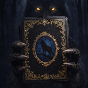 May include: A black wolf with glowing yellow eyes holds a dark book with gold filigree. The book's cover features an oval image of a wolf silhouette against a blue background. The background is a dark forest.