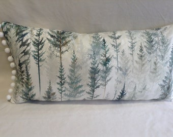 Retro green, beige tree with white pom pom 12"x26"  cushion cover, scatter cushion cover, pillow case, lumbar cover