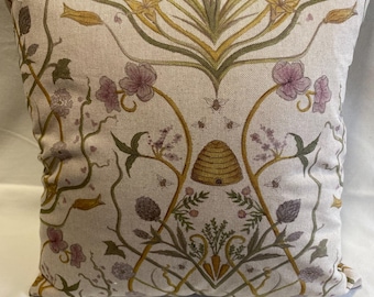 Yellow, beige, green flower and bee 16" cushion cover.