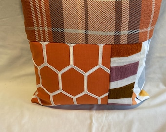 16" unique patchwork orange, multi coloured, check, hexagon fabric cushion cover