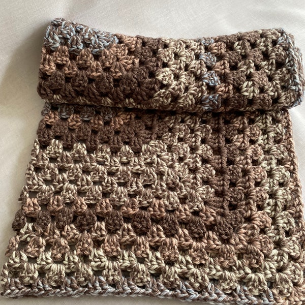 Handmade crochet granny square baby blanket in brown, cream, blue and pink. Baby gift, baby shower