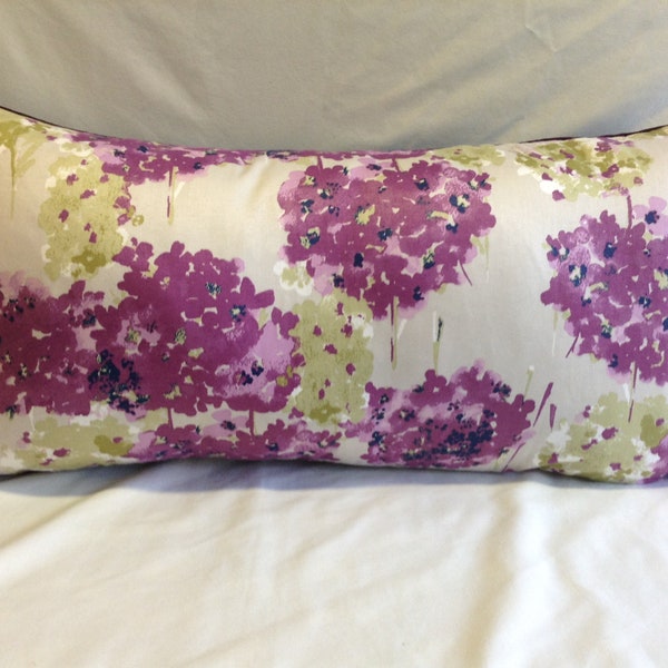 Beautiful, traditional, purple, pistachio green flowered white pom pom 12"x26" cushion cover, scatter cushion, pillow case