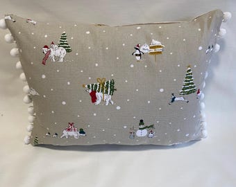Handmade Christmas, Polar Bear Cushion Cover: Sophie Allport White Beige with Pom Poms