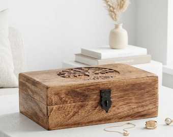 Handmade Solid Wood Jewelry Box with Drawer, Engraved Keepsake Organizer