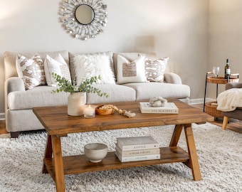 Solid Wood Farmhouse Coffee Table, Natural Grain Living Room Centerpiece