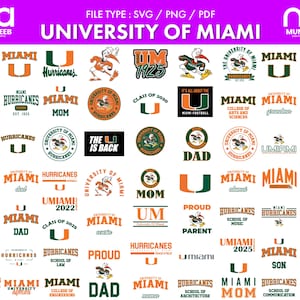 Puede incluir: Una colección de logotipos y gráficos de la Universidad de Miami en naranja, verde y blanco. Los diseños incluyen el nombre de la escuela, la mascota de los Hurricanes y términos familiares como "Mamá" y "Papá."
