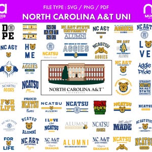 May include: A selection of digital designs featuring the text "NORTH CAROLINA A&T UNI" and various logos and phrases associated with the university. Designs include the university's name, mascot, and phrases like "Aggies" and "Alumni."