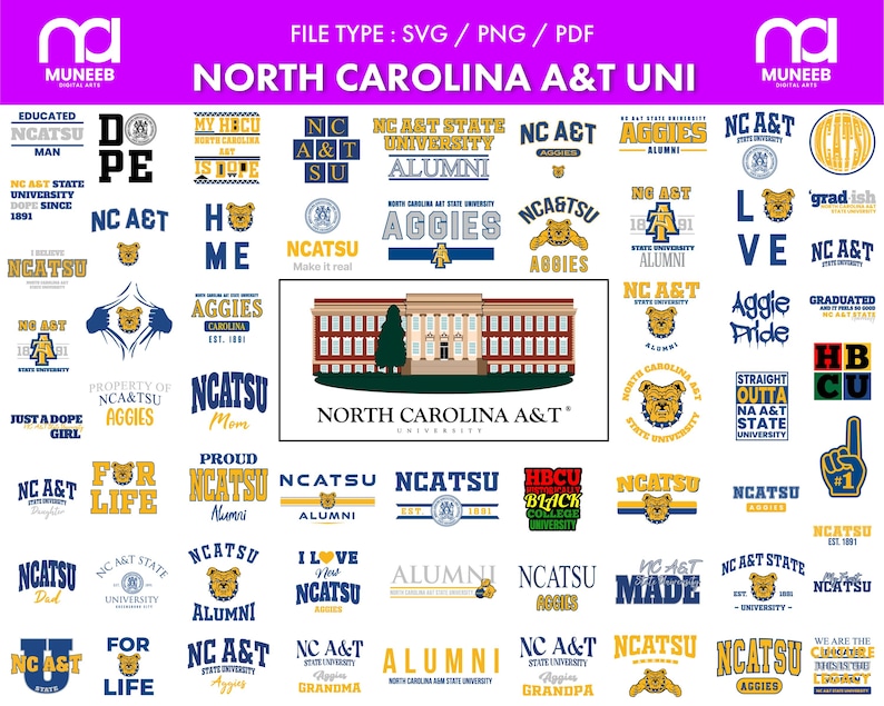 May include: A selection of digital designs featuring the text "NORTH CAROLINA A&T UNI" and various logos and phrases associated with the university. Designs include the university's name, mascot, and phrases like "Aggies" and "Alumni."