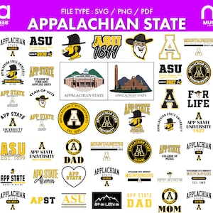 May include: A collection of Appalachian State University logos and graphics in black, gold, and white. Includes the university's name, the letters "ASU" and "A", and various Mountaineers-themed designs.