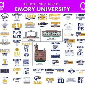 May include: A collection of Emory University logos and graphics in various styles. Designs include the university name, the word "Eagles", and phrases like "Alumni" and "For Life". The color scheme is primarily blue, gold, and white, with some designs featuring the university's buildings.