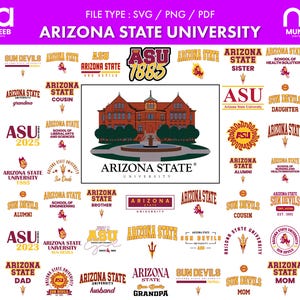 Op de afbeelding: Een verzameling logo's en afbeeldingen van de Arizona State University. Bevat de naam van de universiteit, het ASU-logo en gerelateerde termen zoals "Sun Devils" en "Alumni". De afbeelding heeft een kleurenschema van bordeauxrood, goud en wit.
