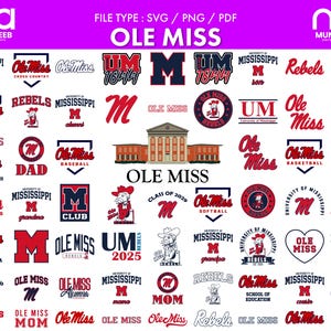 May include: A collection of Ole Miss logos and graphics in red, navy blue, and white. The designs include the Ole Miss logo, the word "Rebels", and various university-related terms. The file type is SVG, PNG, or PDF.
