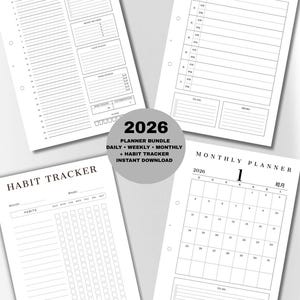 Puede incluir: Un paquete de planificador con páginas diarias, semanales, mensuales y de seguimiento de hábitos. Las páginas son blancas con texto negro e incluyen secciones para listas de tareas, notas y un calendario para 2026. El texto "2026 Planner Bundle" también es visible.