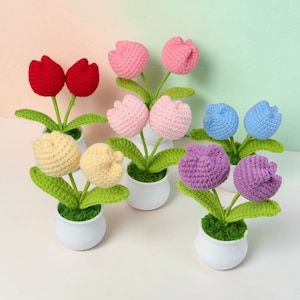 Crochet Tulip Flower Potted Plant Handmade Knitted Rose Tulips, Yarn Flower Pot Decor, Desk Table Decor, Cute Home Office Decoration Gift