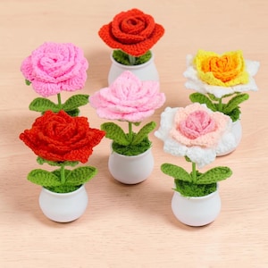 Crochet Rose Flower Potted Plant Handmade Knitted Yarn Flowers, Wedding Home Decor, Desk Table Decor, Gift Idea
