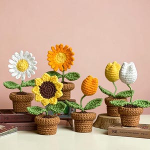Crochet Flower Potted Plant Handmade Knitted Rose Tulip Daisy, Yarn Flower Pot Decor, Office Desk Decor, Cute Home Gift