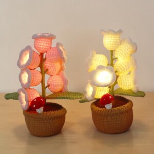 Crochet Bell Orchid Flower Pot with Light Handmade Knitted Flowers, Artificial Desktop Plant Decor, Bookshelf Decoration, Cozy Home Gift