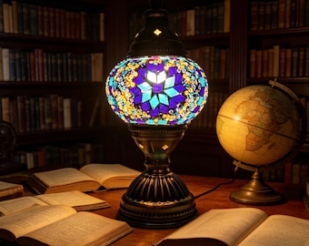 Türkische Mosaik Tischlampe, Handgefertigtes Glas Nachtlicht, Boho Decor