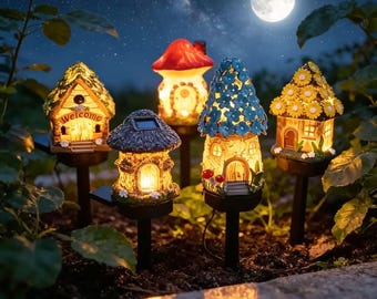 Solar Powered Mushroom House Light, LED Outdoor Stake Lamp for Yard & Pathway Decor