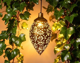 Solarbetriebene marokkanische Laterne, hängende marokkanische Laterne, bronze durchbrochenes Außenlicht, warmes Licht und Gartendekoration