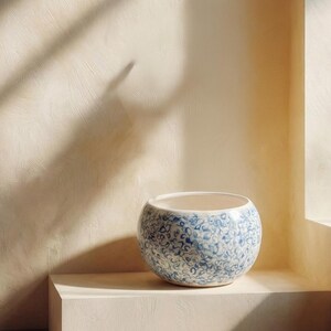 Può includere: Un vaso rotondo in ceramica con un motivo a spirale blu e bianco. Il vaso è posto su un piedistallo quadrato beige contro un muro beige strutturato. L'interno del vaso è bianco.
