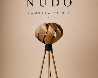 May include: A wooden floor lamp with a unique, layered design. The lamp features a spherical shade made of curved wooden slats, supported by a black base and three wooden legs. The text "NUDO" and "LIDI STUDIO" are visible.
