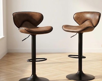 Lot de 2 Tabourets de Bar Industriels | Assise Courbe Pivotante Marron | Hauteur Réglable | Mobilier Artisanal Moderne Cuisine et Îlot