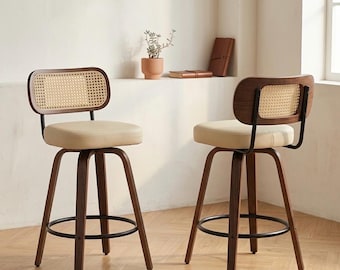 Taburetes de bar escandinavos (juego de 2) | Asiento giratorio blanco moldeado | Madera de haya | Altura del asiento: 79 cm | Silla de mostrador estilo Eames (juego de 2)