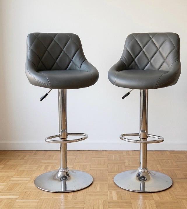 Lot 2 Tabouret De Bar Design Chic | Assise Capitônée Losanges Grise Hauteur Réglable Pivotant Mobilier Artisanal Moderne Îlot & Cuisine
