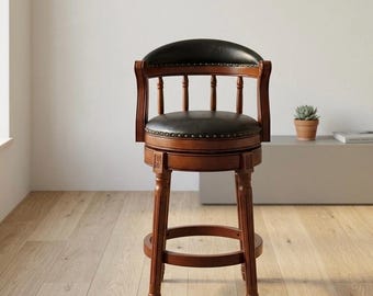 Taburete de bar giratorio moderno | Cuero capitoné negro con diseño de diamante | Silla giratoria ajustable de 360° | Base de pedestal negro mate | Asiento para isla de cocina