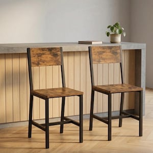 May include: Two rustic-style chairs with a distressed wood seat and backrest. The chairs have a black metal frame. The chairs are designed for indoor use and are suitable for a kitchen or dining area.