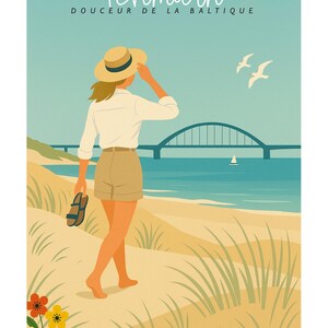 Puede incluir: Cartel de viaje vintage de Fehmarn, Alemania, que muestra a una persona caminando por una playa hacia un puente. El cartel tiene el texto "Fehmarn DOUCEUR DE LA BALTIQUE" y "VISITEZ LES PERLES DU NORD - ÉTÉ 1958". Los colores son azul, beige y amarillo.