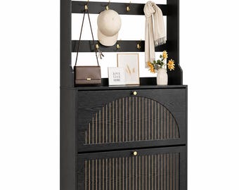 Walnut Hall Tree Shoe Cabinet | Entryway Organizer with Coat Rack, Flip Drawers