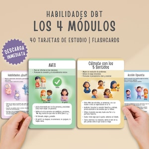 Puede incluir: Juego de cuatro tarjetas didácticas con texto en español, incluyendo "HABILIDADES DBT LOS 4 MÓDULOS 40 TARJETAS DE ESTUDIO | FLASHCARDS". Las tarjetas presentan ilustraciones y títulos como "AVES" y "Cálmate con los 5 Sentidos". Un adhesivo morado dice "DESCARGA INMEDIATA".