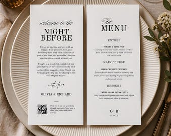 Cardápio para o Jantar de Ensaio da Noite Anterior, Cartão de Marcação de Lugar Minimalista e Editável, Cardápio para Imprimir (Download Digital)
