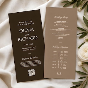 May include: Two rectangular wedding program cards with white text. The left card is dark brown, featuring the names Olivia and Richard, date, location, and a QR code. The right card is light brown, listing the wedding party and a timeline of events.