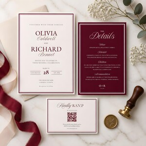 Burgundy Wedding Invitation Suite Template, Elegant Vintage Canva Design, (Digital Download)