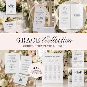 May include: A collection of white wedding stationery templates featuring black serif and script typography. The set includes table numbers, reserved signs with ribbons, menus, invitations, RSVP cards, seating charts, and bar signs with cocktail icons.