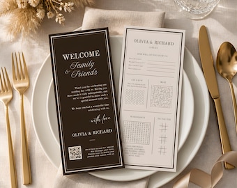 Wedding Welcome Place Cards, Espresso Brown, Editable Templates (Digital Download)