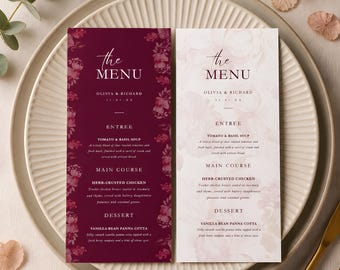 Floral Wedding Menu Template, Burgundy Blush Floral Design, Editable Canva (Digital Download)