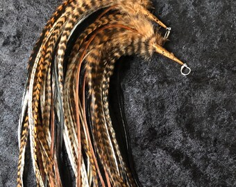 Extra Long Length! Black Brown & White Grizzly Feather Earrings