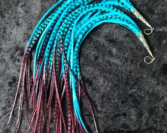Extra Long Length! Teal Burgundy Fade Ombré Grizzly Feather Earrings